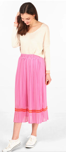 Pleated Midi Skirt with Orange Ribbon Trim in Hot Pink