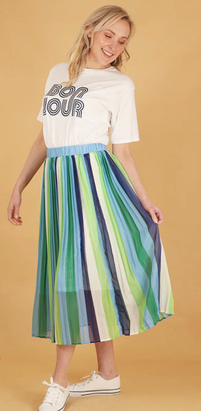 Striped Chiffon Pleated Skirt in Blue Green